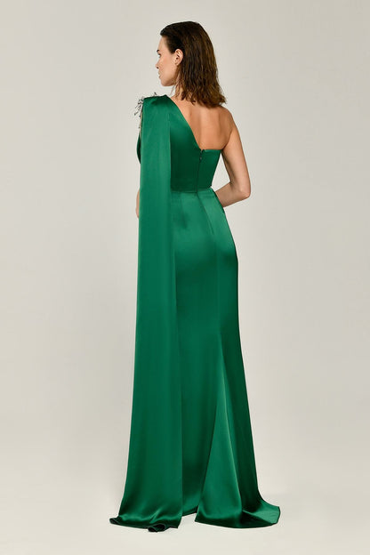 One Shoulder Brooch Long Satin Dress