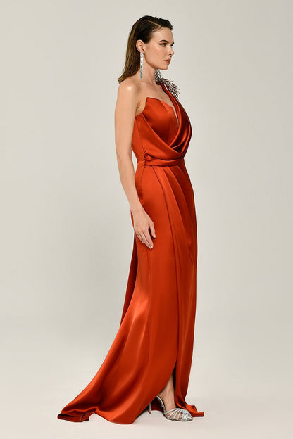 One Shoulder Brooch Long Satin Dress