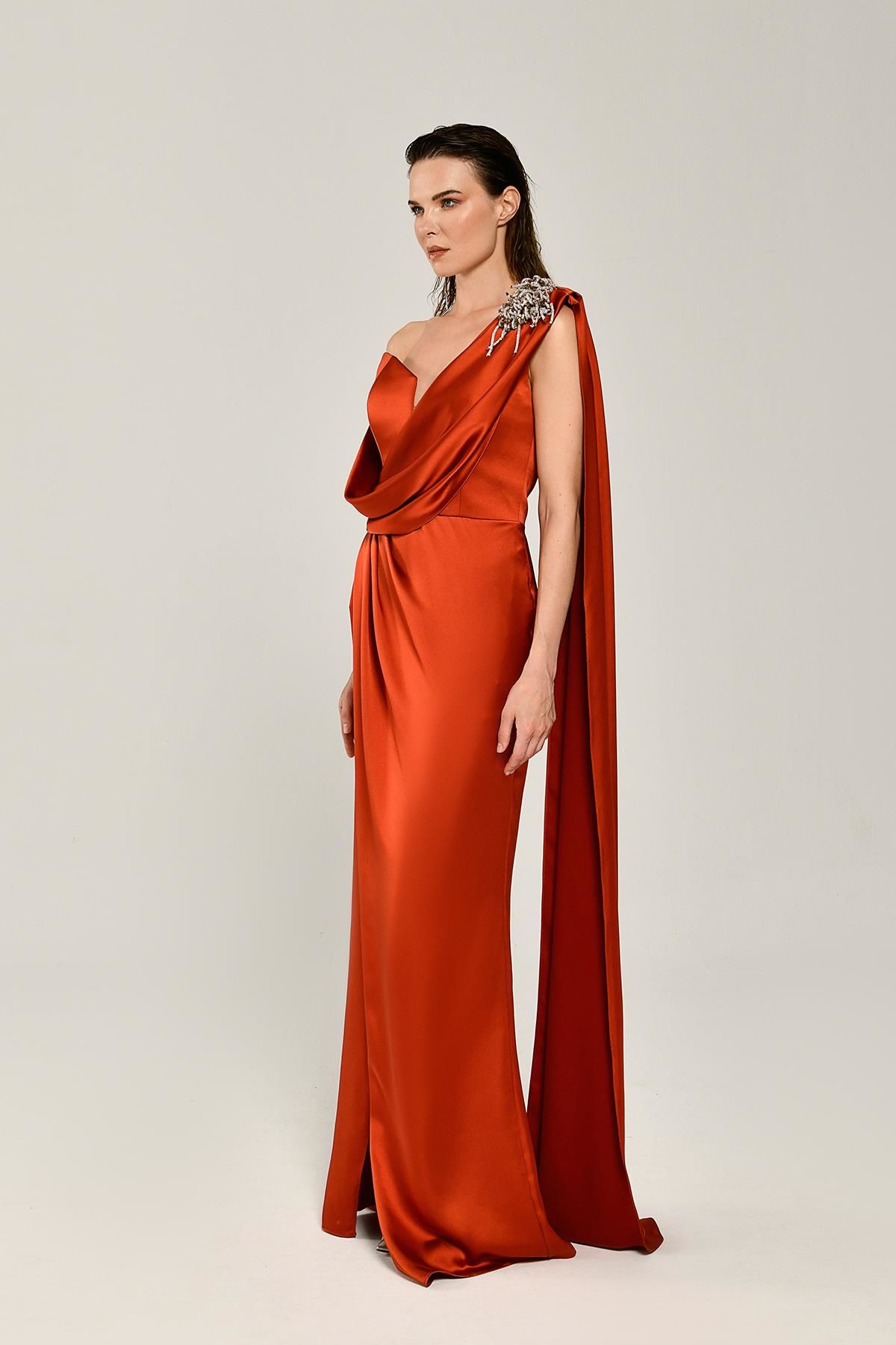 One Shoulder Brooch Long Satin Dress