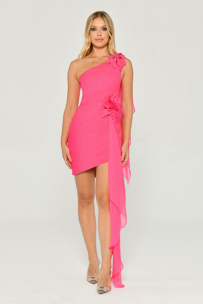 One-Shoulder Short Dress with Shawl and Flower Accessories