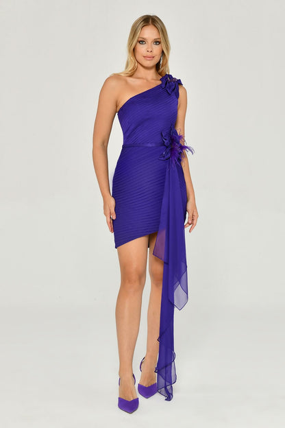 One-Shoulder Short Dress with Shawl and Flower Accessories