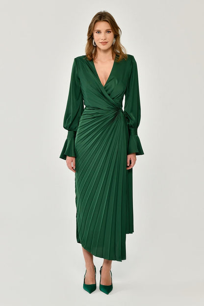 Long Sleeve V-Neck Pleated Satin Midi Dress