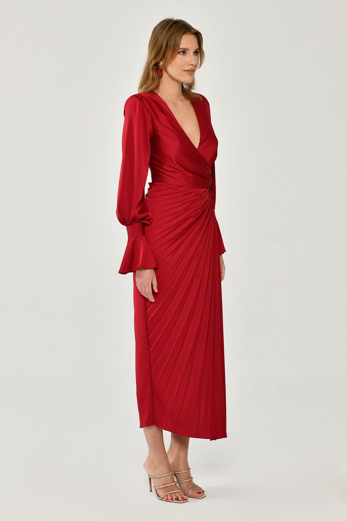 Long Sleeve V-Neck Pleated Satin Midi Dress