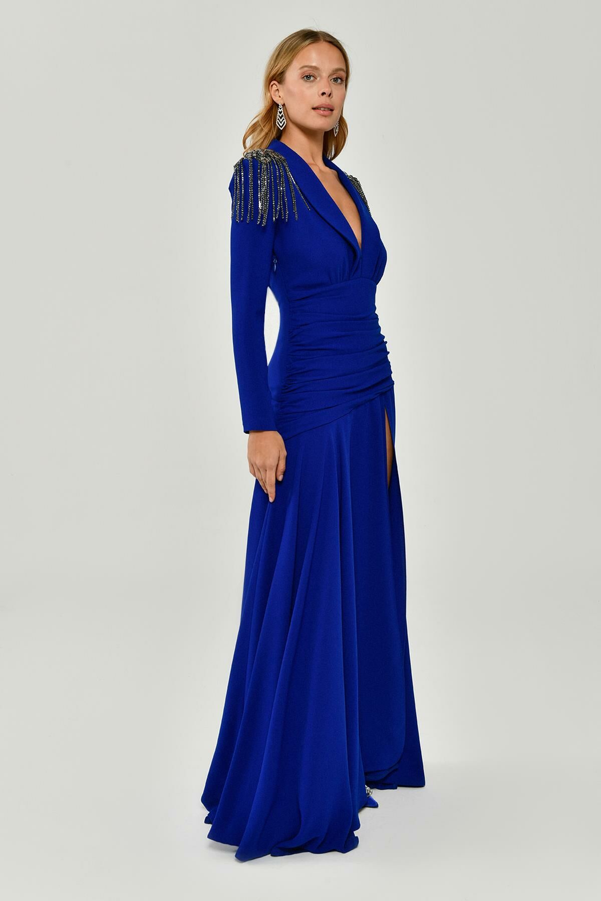 Long Sleeve Deep V-Neck Crepe Long Dress with Epaulette Accessories