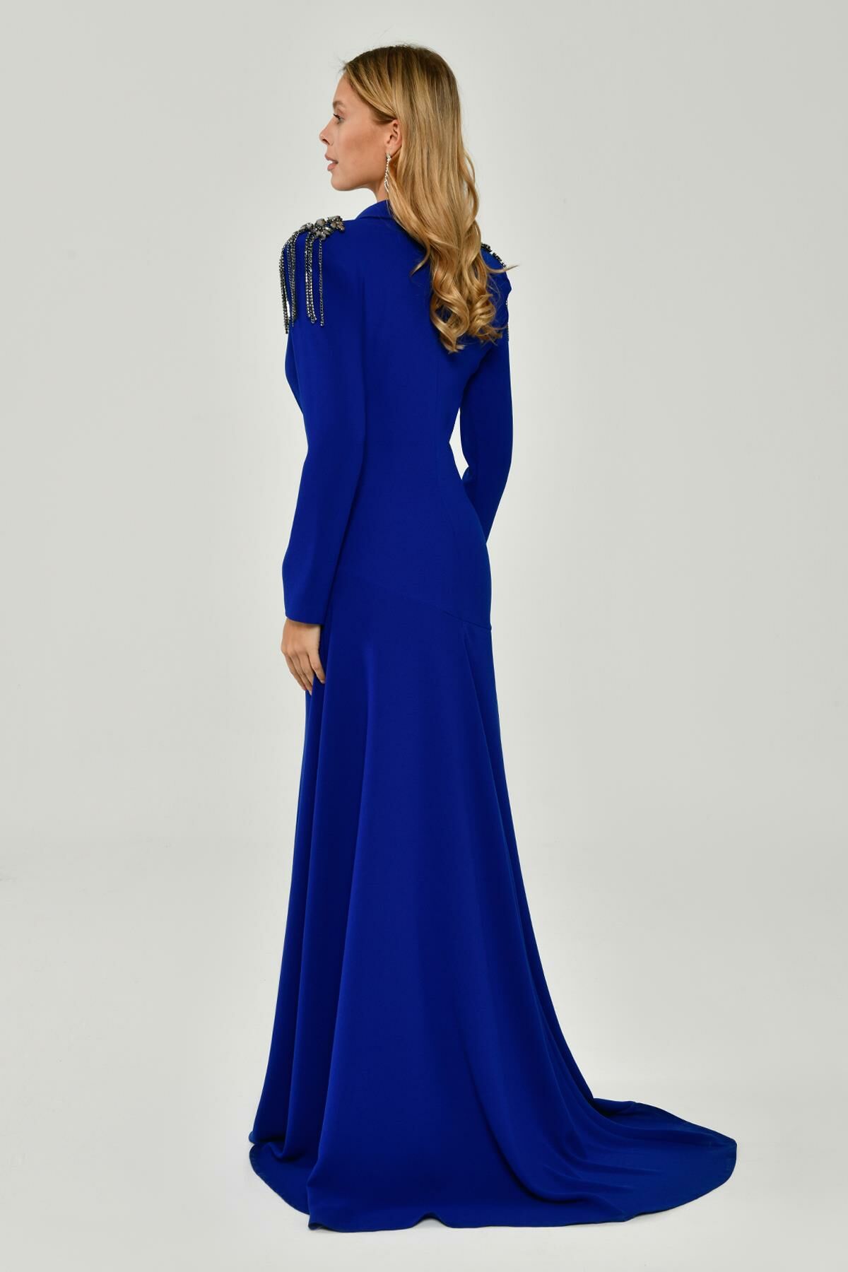 Long Sleeve Deep V-Neck Crepe Long Dress with Epaulette Accessories