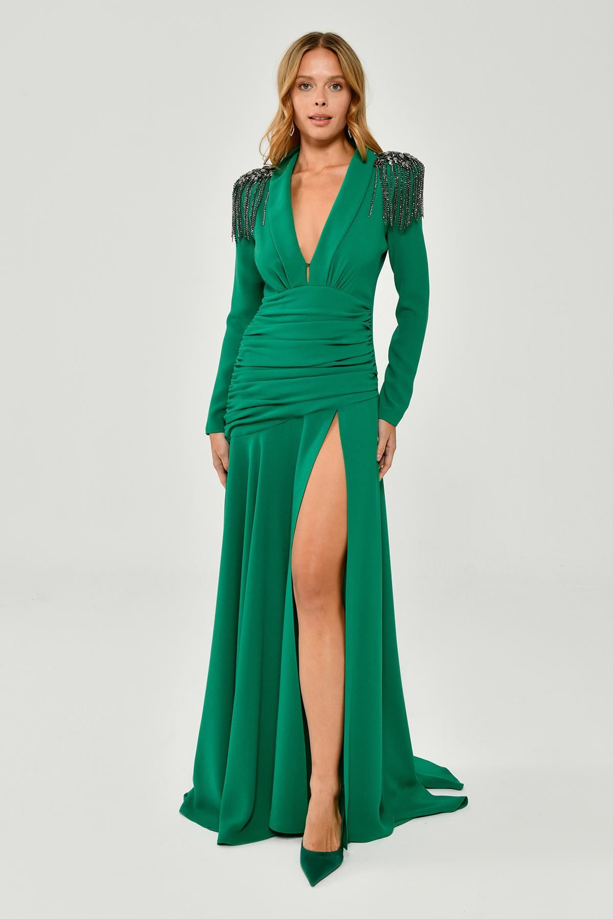 Long Sleeve Deep V-Neck Crepe Long Dress with Epaulette Accessories