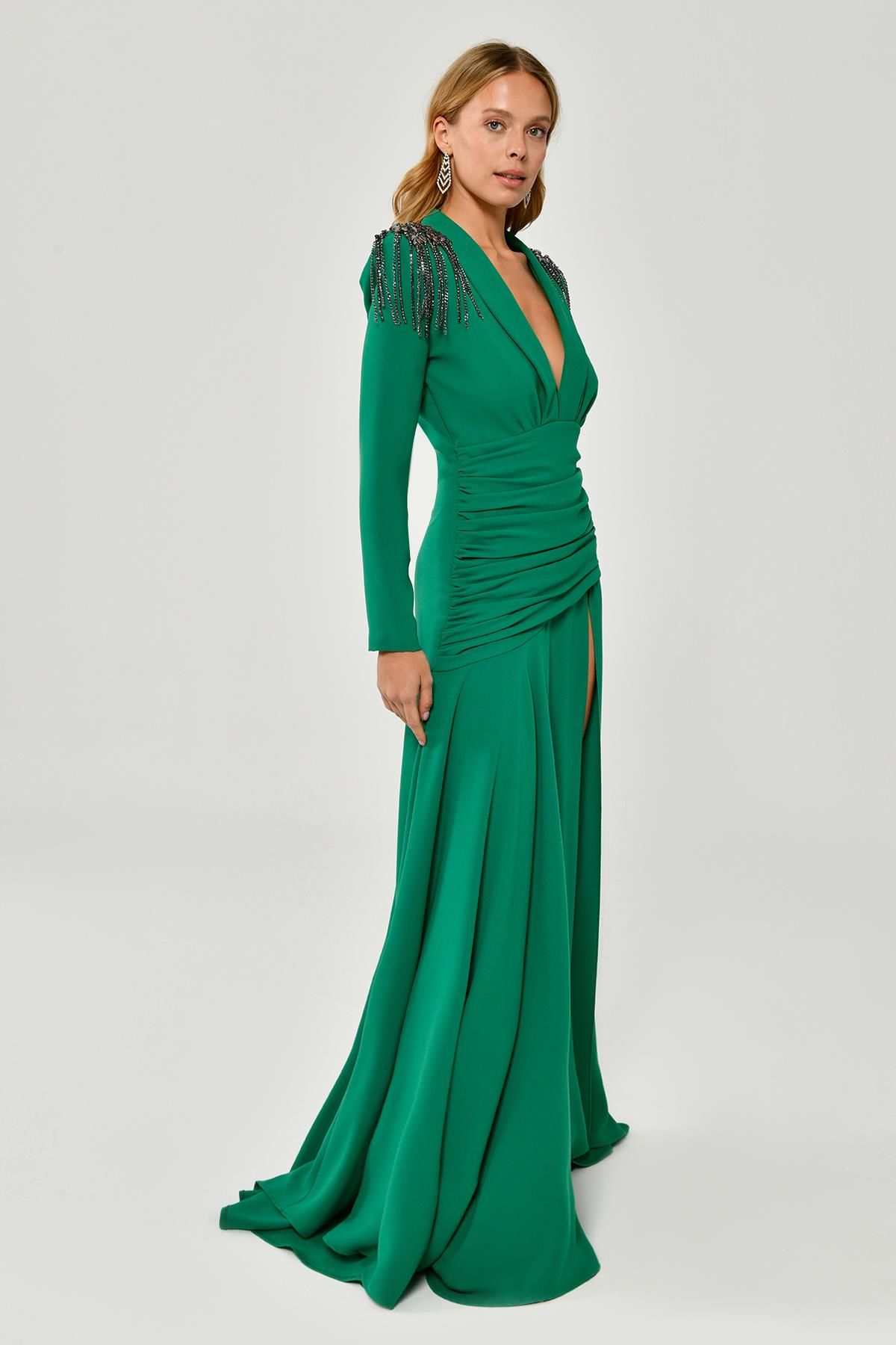 Long Sleeve Deep V-Neck Crepe Long Dress with Epaulette Accessories