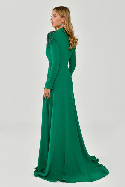 Long Sleeve Deep V-Neck Crepe Long Dress with Epaulette Accessories