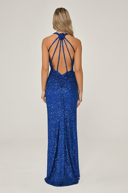 V - Neck Back Drawstring Sequin Long Dress - Aurora Fashion