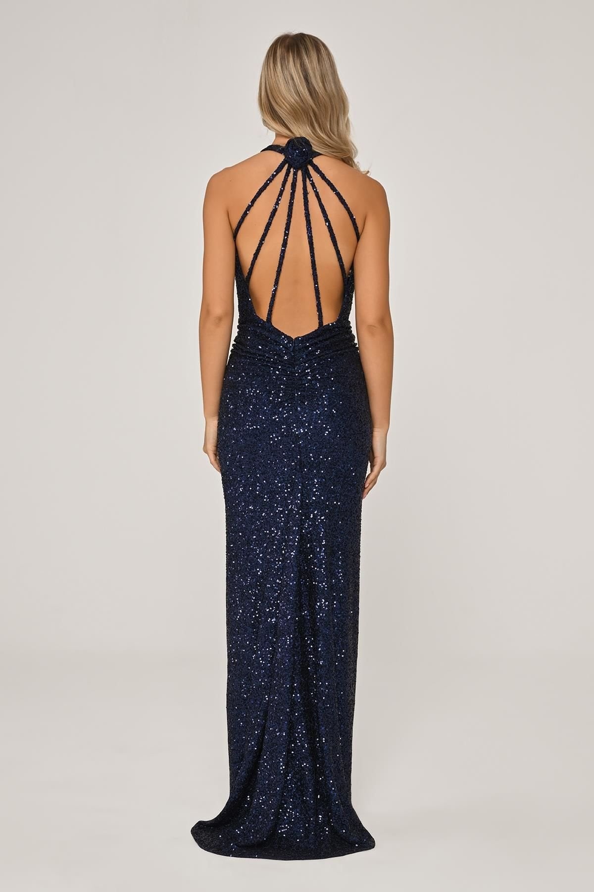 V - Neck Back Drawstring Sequin Long Dress - Aurora Fashion