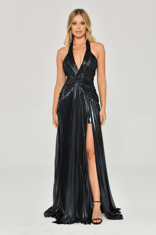 V - Neck Pleated Slit Shiny Chiffon Long Dress - Aurora Fashion