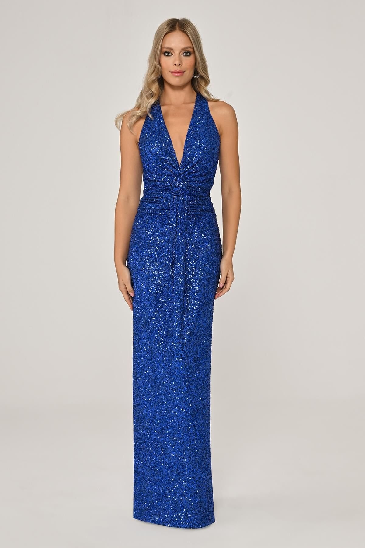 V-Neck Back Drawstring Sequin Long Dress