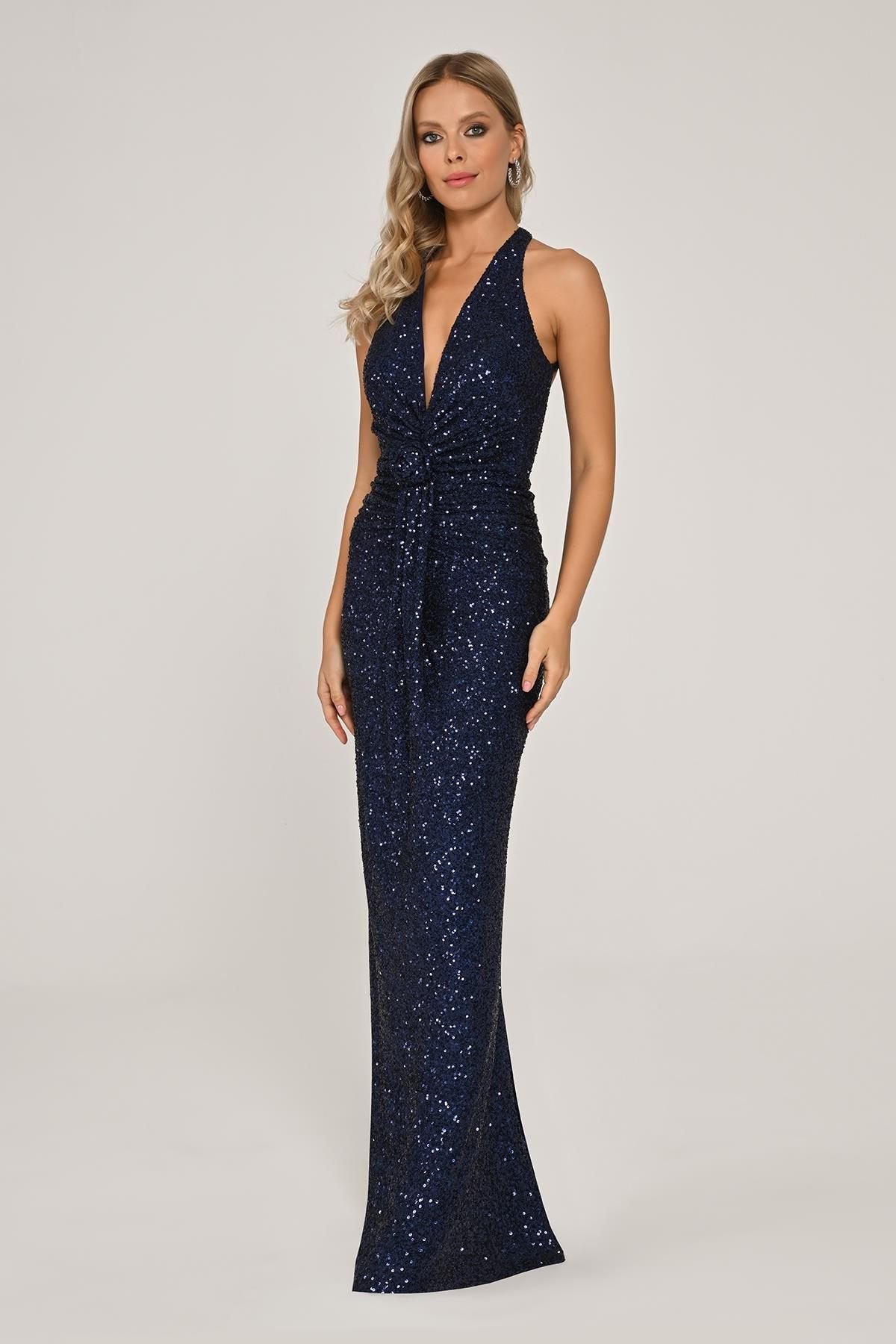 V-Neck Back Drawstring Sequin Long Dress