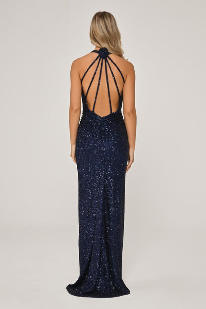 V-Neck Back Drawstring Sequin Long Dress