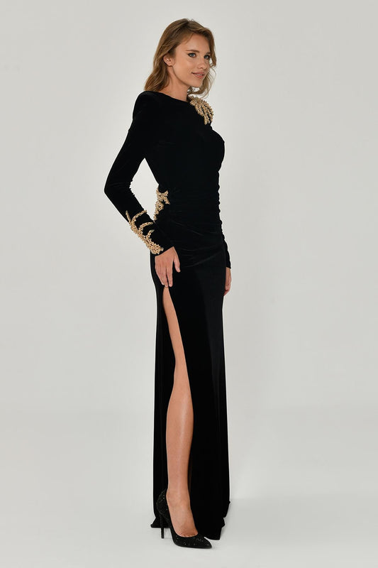 Velvet Long Dress with Padded Shoulders, Sleeves and Slits with Shoulder Accessories - Aurora Fashion