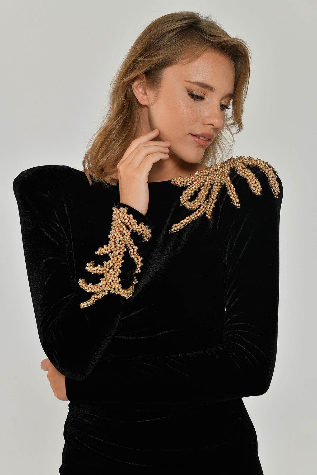padded shoulder long sleeve dress Women's Dark brown Glittery Shoulder-Pad Dress