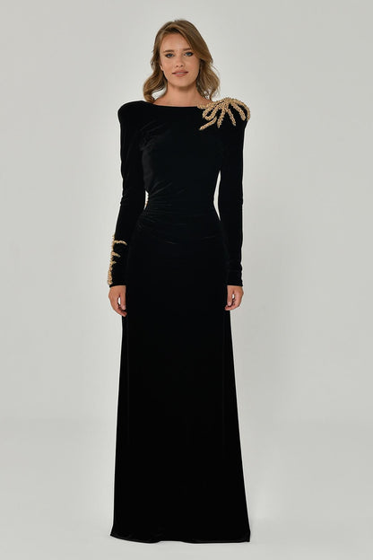 Velvet Long Dress with Padded Shoulders, Sleeves and Slits with Shoulder Accessories - Aurora Fashion